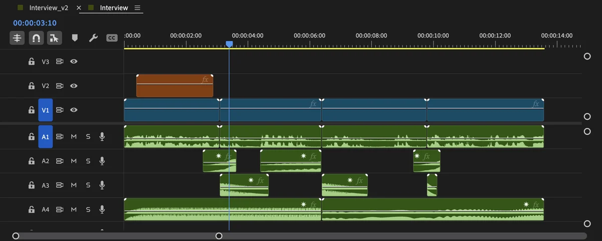 Premiere Pro timeline with sound effects placed by Auto SFX