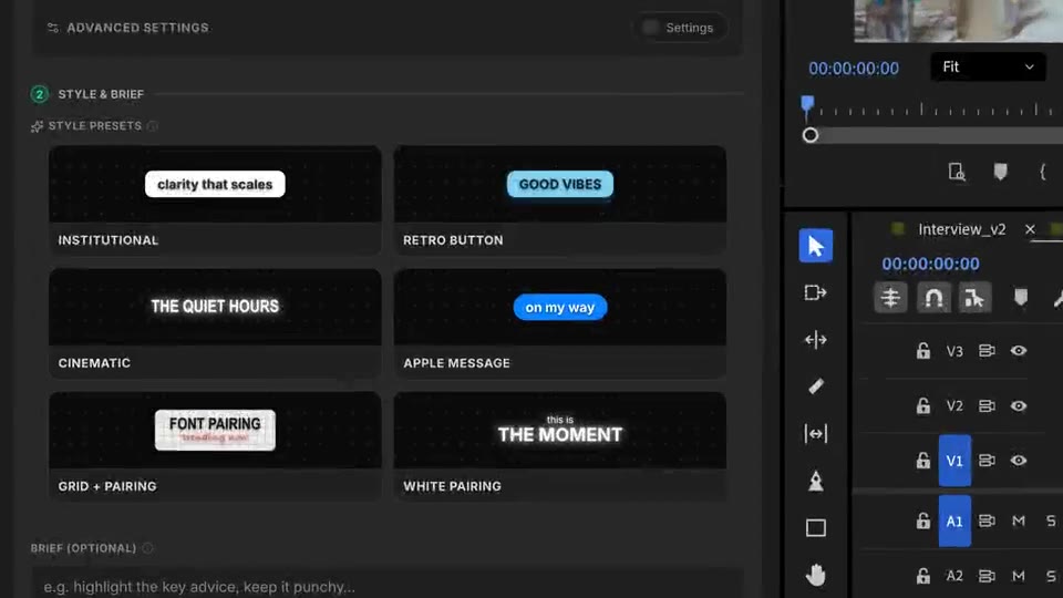 Auswahl des Presets White Pairing, das das Briefing im Vibe Kinetic Panel füllt