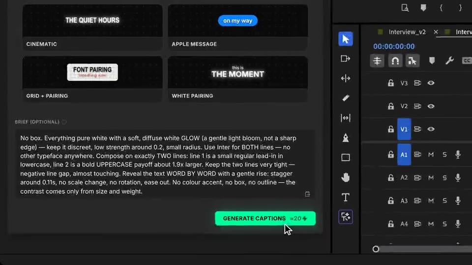 Gerenderte Kinetic-Text-Clips fallen auf Spur V3, im Takt der Sprache