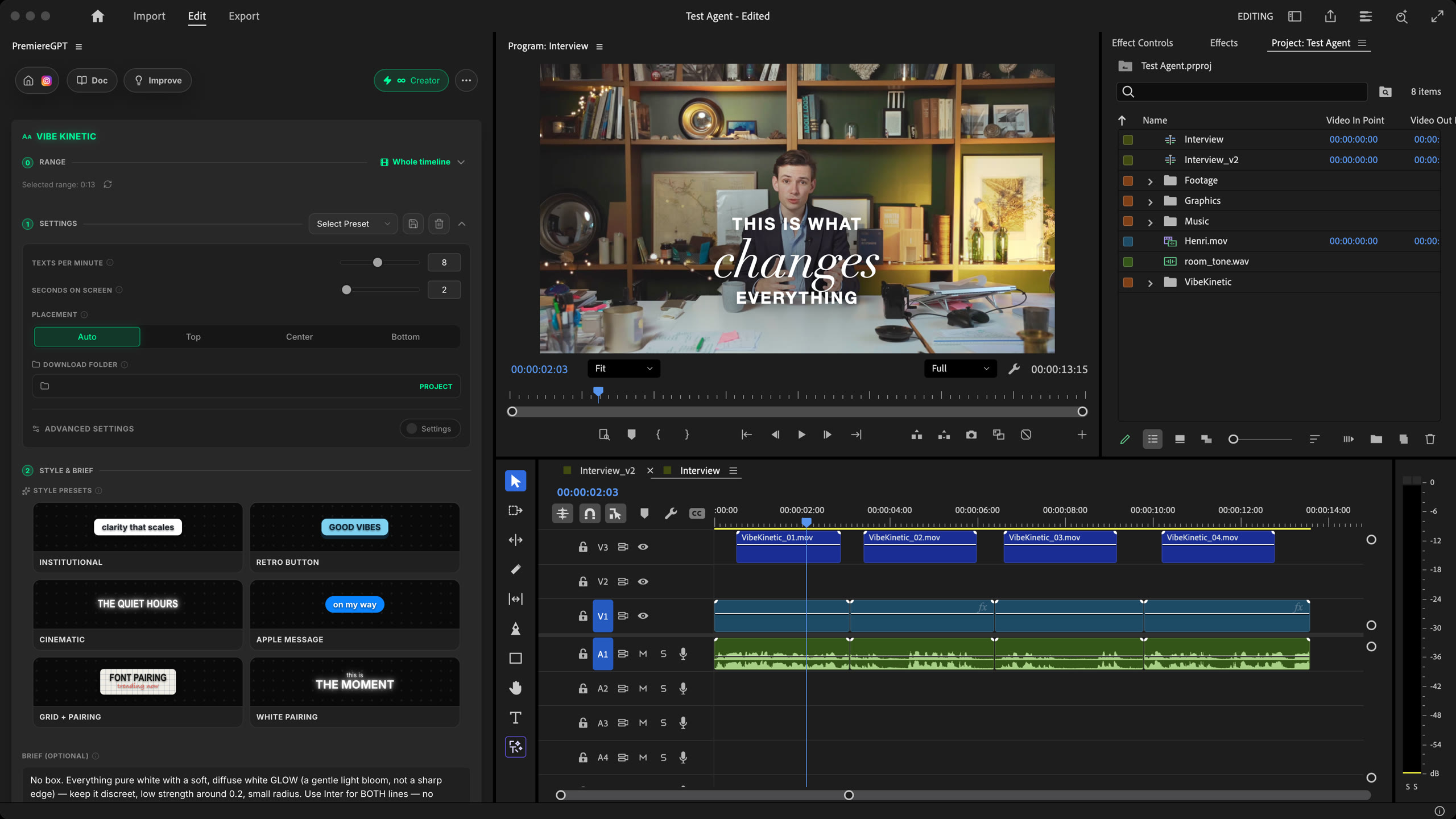 Vibe Kinetic Panel neben einer Premiere Pro Timeline mit Kinetic-Text-Clips auf V3 und einem animierten Hook über dem Sprecher