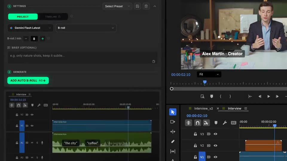 Gesprochene Stichworte mit B-Roll-Clips verknüpft, die auf Spur V3 fallen