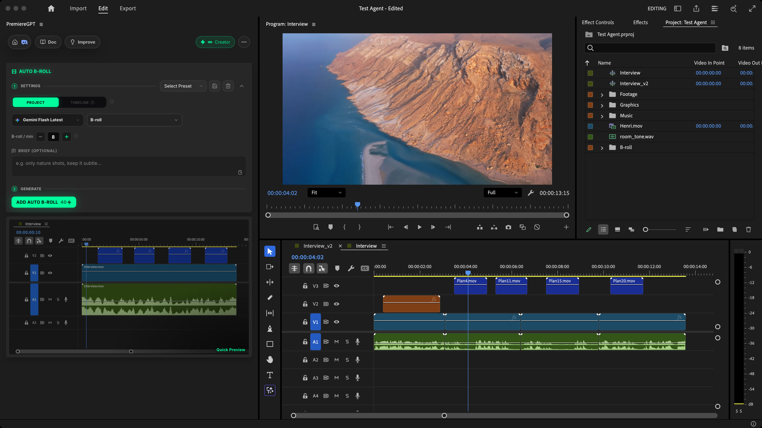 Auto B-Roll legt Reise-B-Roll auf Spur V3 über ein Interview in einer Premiere Pro Timeline