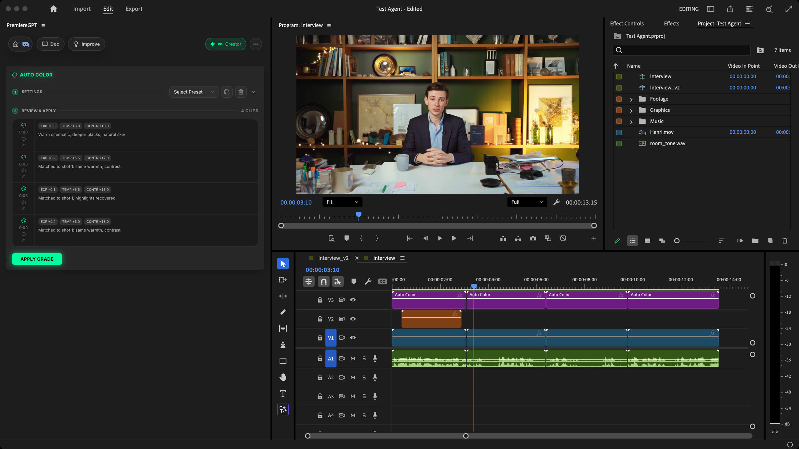 Premiere Pro タイムラインのグレーディング済みインタビューと、各クリップのグレードを並べた Auto Color パネル