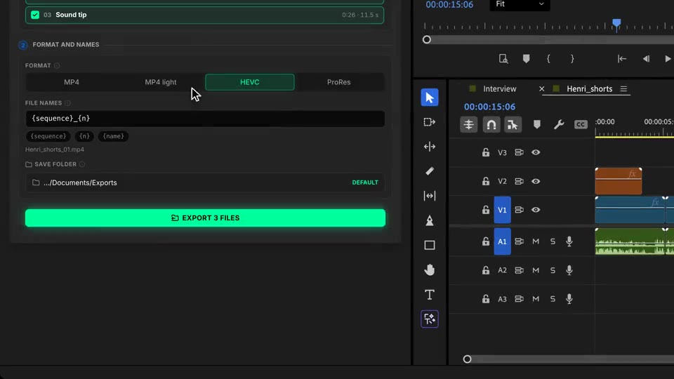 Klick auf Export 3 files: jeder Short wird auf der Timeline abgehakt und das Panel bestätigt 3 exportierte Dateien