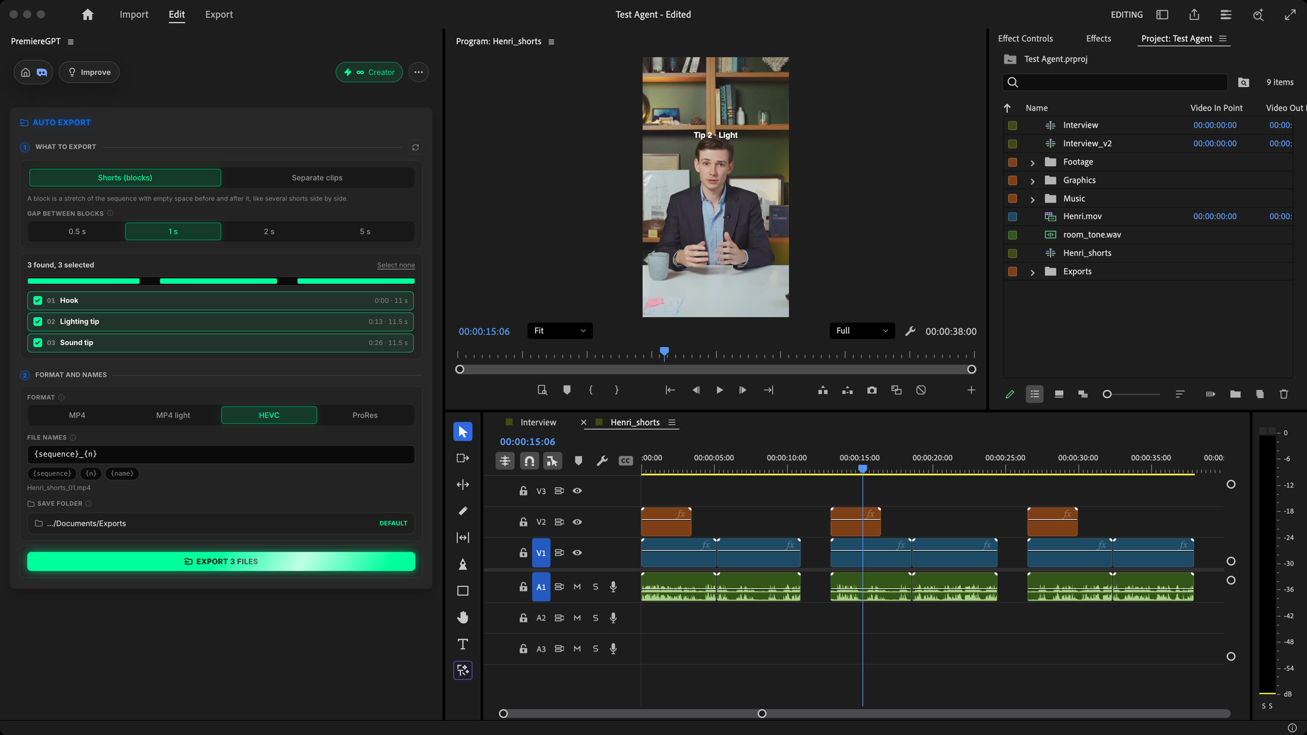 Auto Export listet drei gefundene Shorts auf einer Hochformat-Sequenz in Premiere Pro, bereit für den HEVC-Export