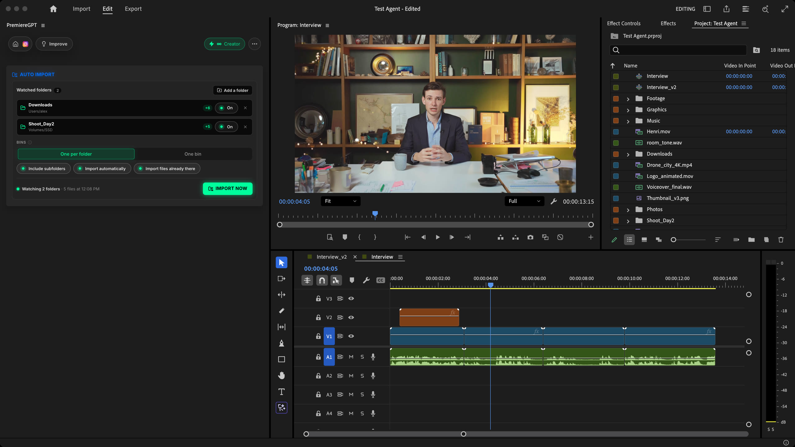 Auto Import Panel überwacht die Ordner Downloads und Shoot_Day2, die importierten Dateien liegen sortiert in Ablagen im Projektfenster von Premiere Pro