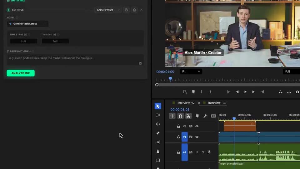 Ein Podcast-Briefing wird ins Auto Mix Panel getippt