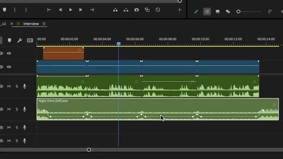 Ein Ducking-Keyframe auf der Musikspur wird gezogen, dann die Stelle abgespielt