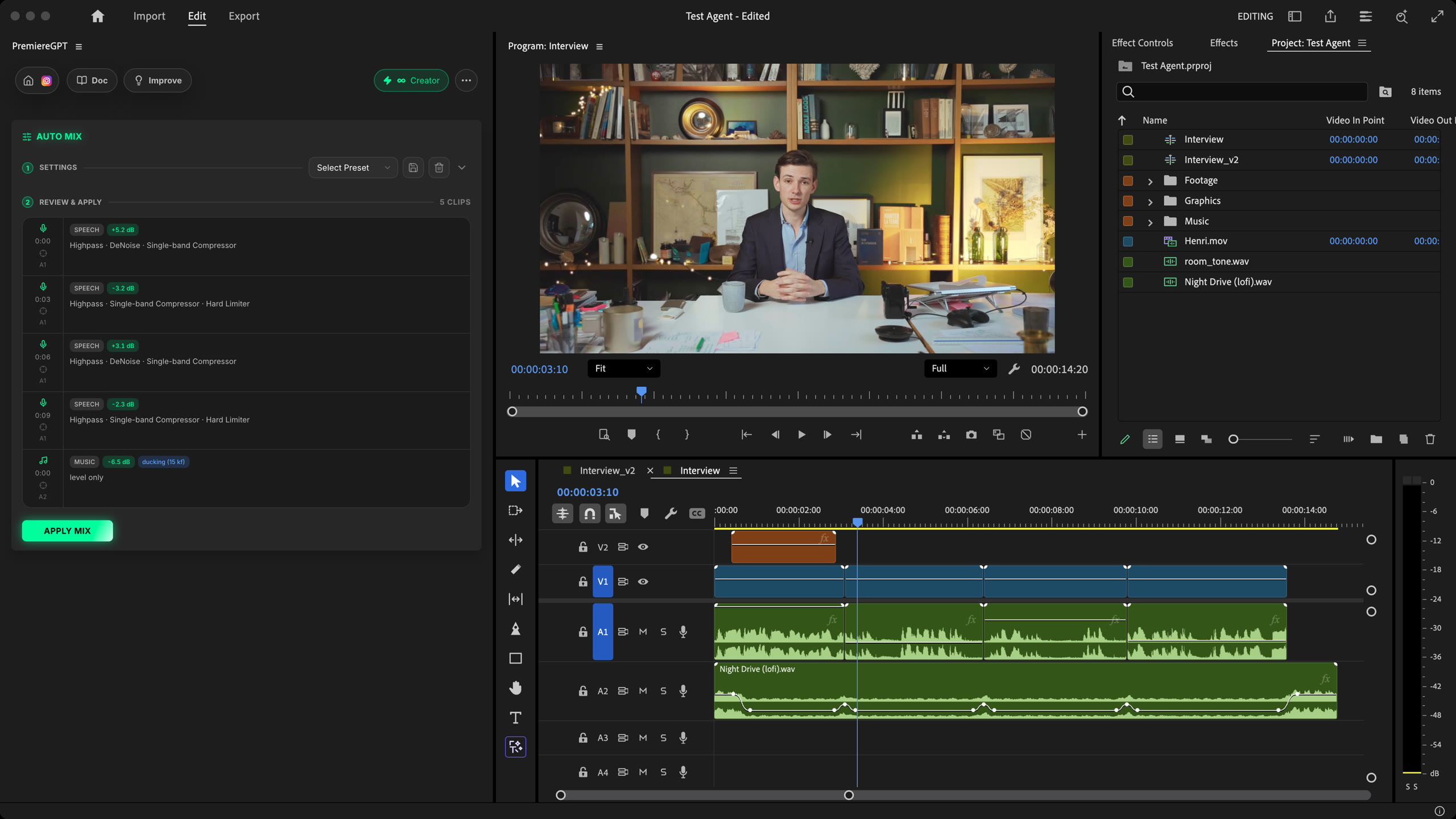 Auto Mix Panel mit der Mischung jedes Clips, Stimmpegeln auf A1 und Musik-Ducking auf A2 einer Premiere Pro Timeline