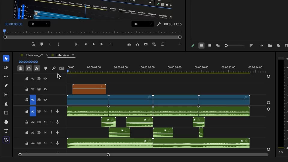 Moving a sound effect clip and lowering the level of another on the timeline
