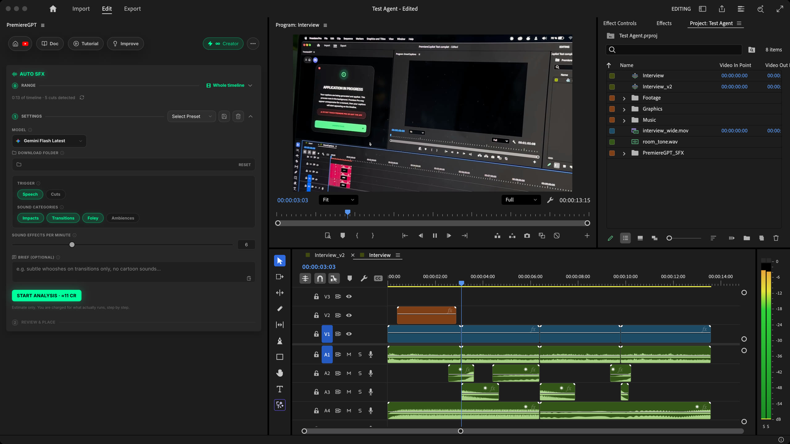 Auto SFX placing AI sound effects on audio tracks A2 to A4 of a Premiere Pro timeline