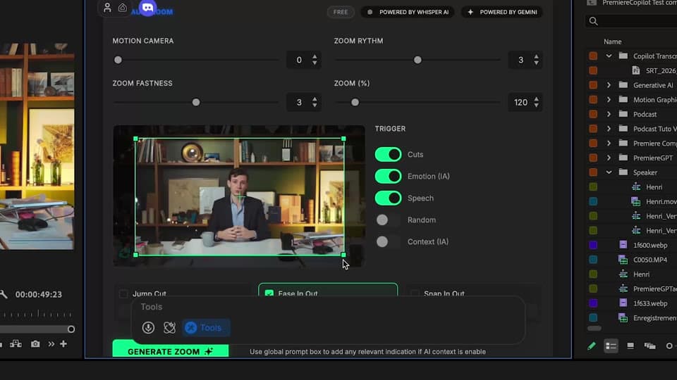 Configuring zoom speed, position, intensity, and sound-in/out controls