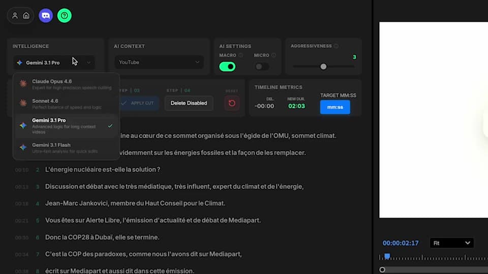 Selecting Claude or Gemini and tuning the editing aggressiveness slider