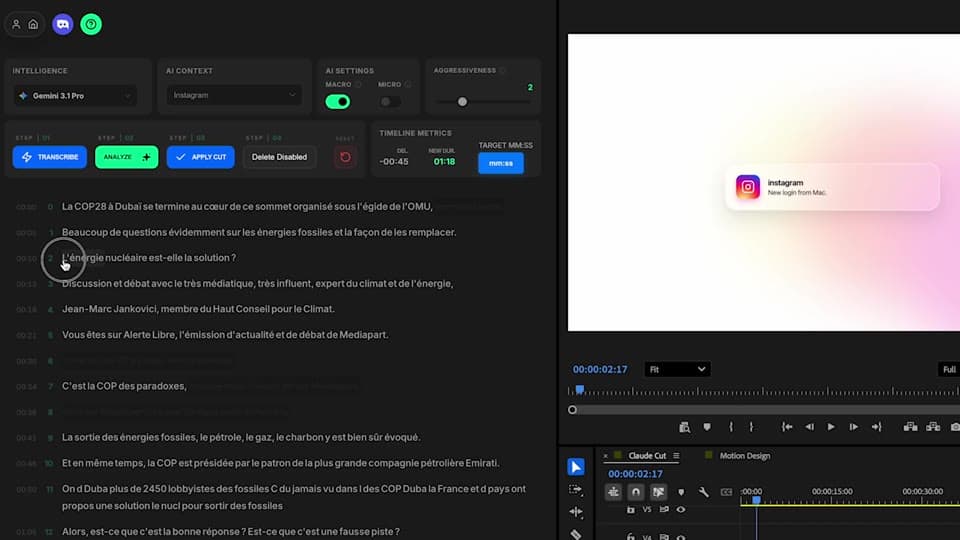 Reviewing the proposed cut in the in-plugin text editor and applying it to the timeline
