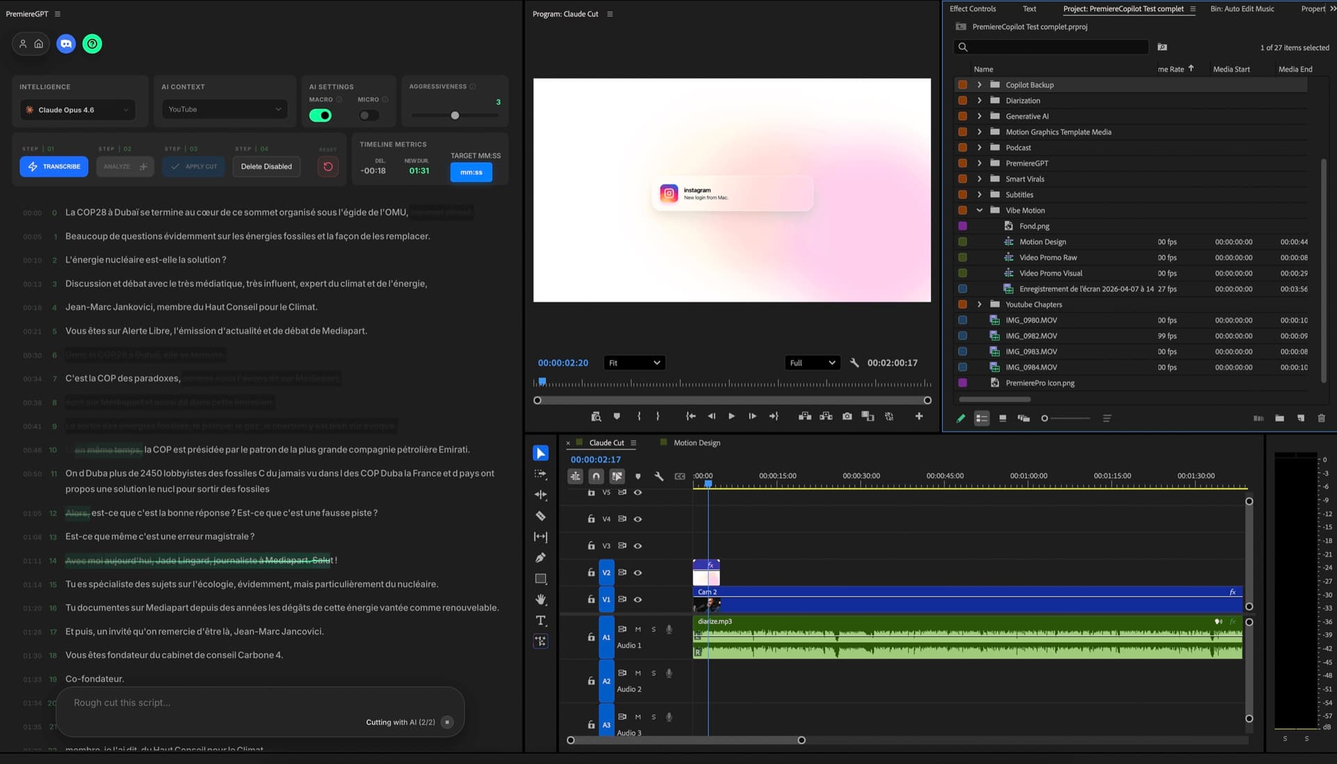 Claude Cut editing a Premiere Pro timeline — transcript-driven cuts and Anthropic Claude in the panel