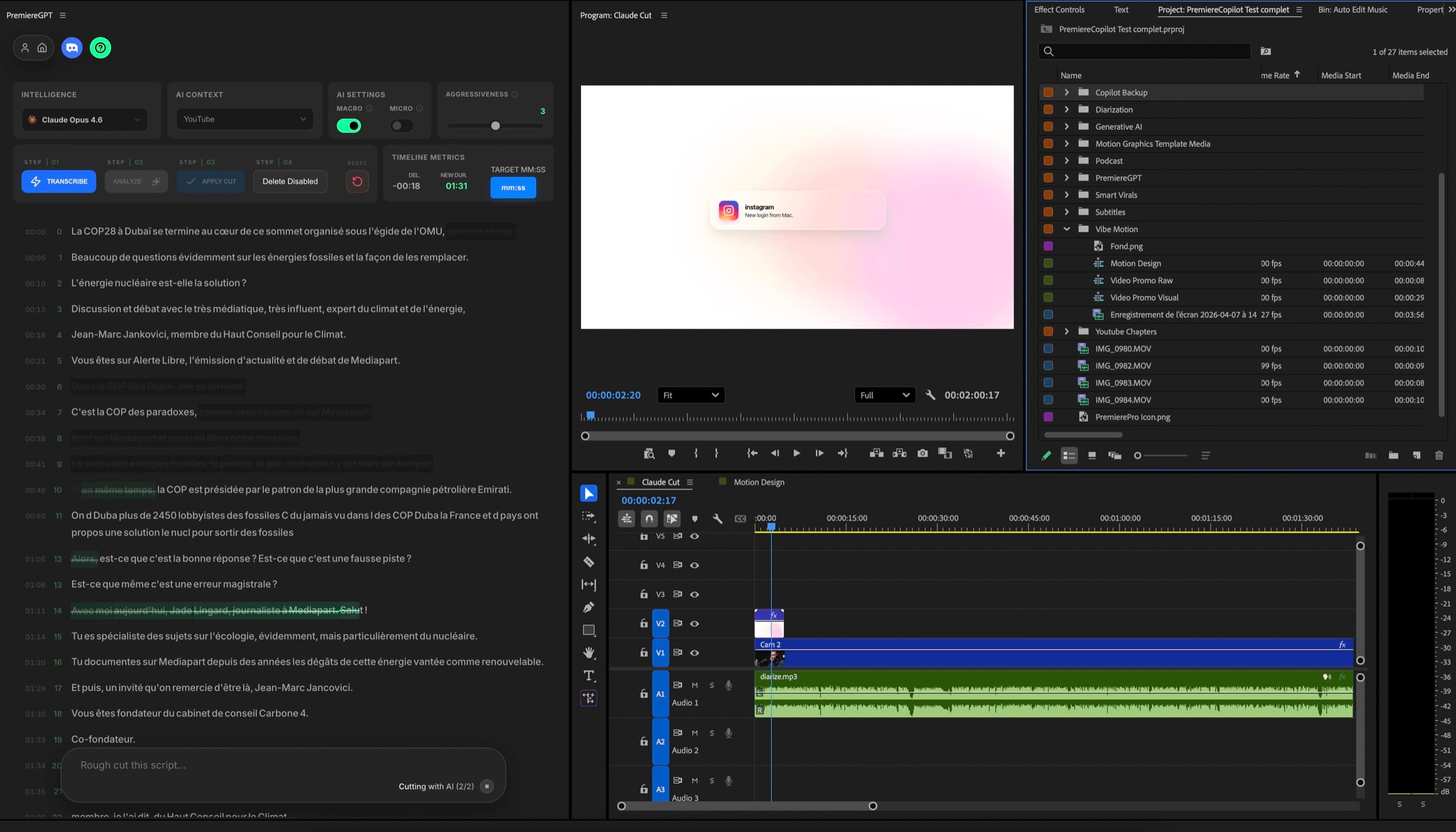 Claude Cut editing a Premiere Pro timeline — transcript-driven cuts and Anthropic Claude in the panel