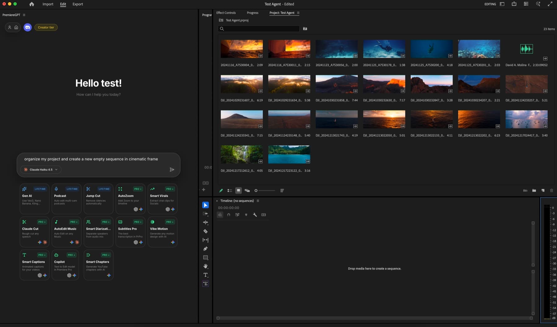 Copilot chat — type a plain-English edit into Premiere Pro