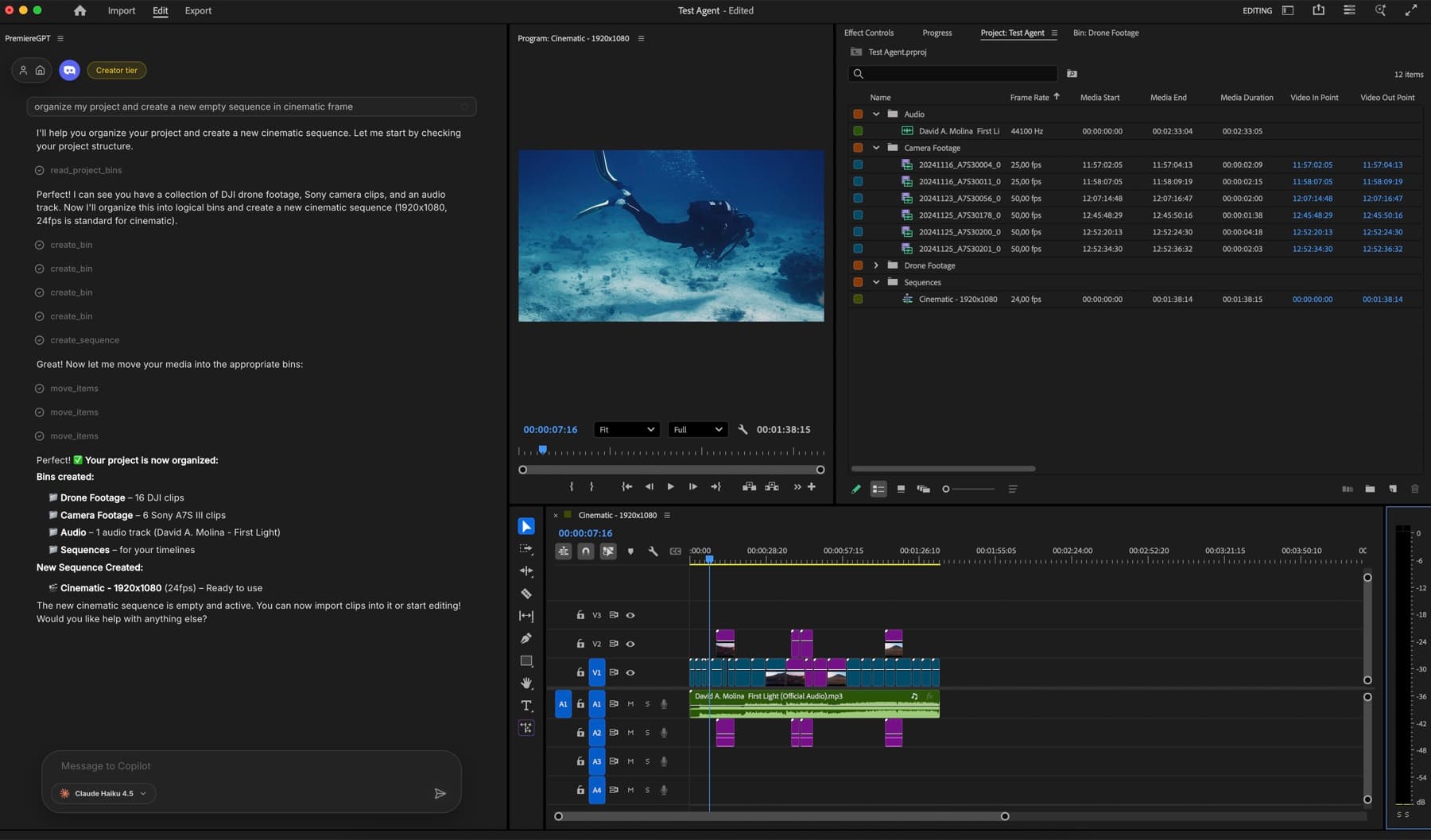 Native Premiere edits applied on the timeline by Copilot — cuts, markers, titles