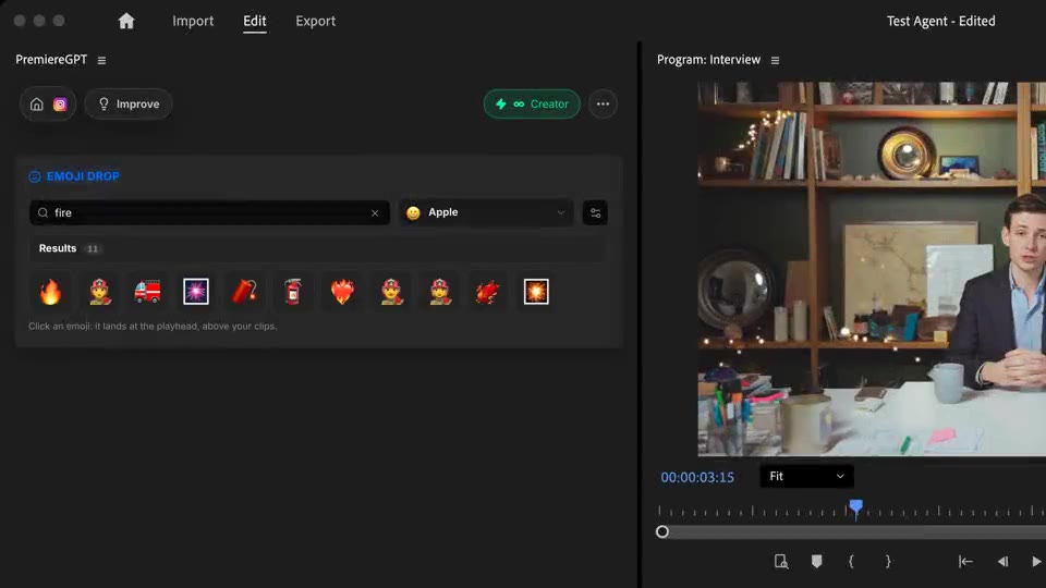 Ein Feuer-Emoji erscheint über dem Sprecher im Programmmonitor und als Clip auf Spur V3