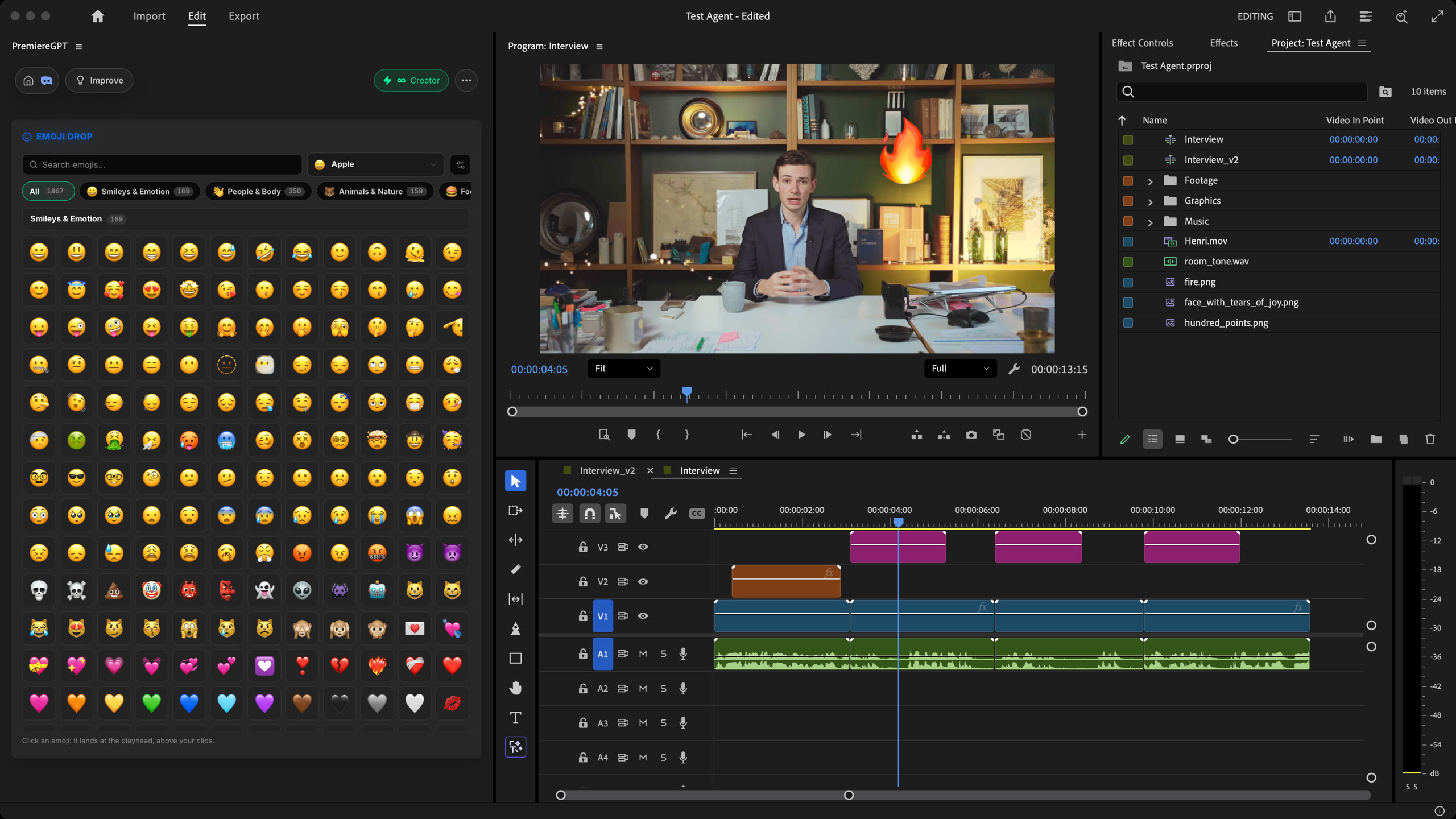 Emoji Drop Panel mit dem Apple Emoji-Raster, ein Feuer-Emoji über dem Sprecher und drei Emoji-Clips auf Spur V3 einer Premiere Pro Timeline