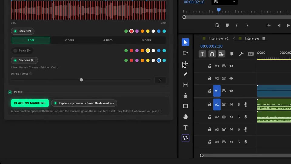 Clic en Place markers: se abre un timeline nuevo con la música y marcadores rojos y azules en compases y secciones
