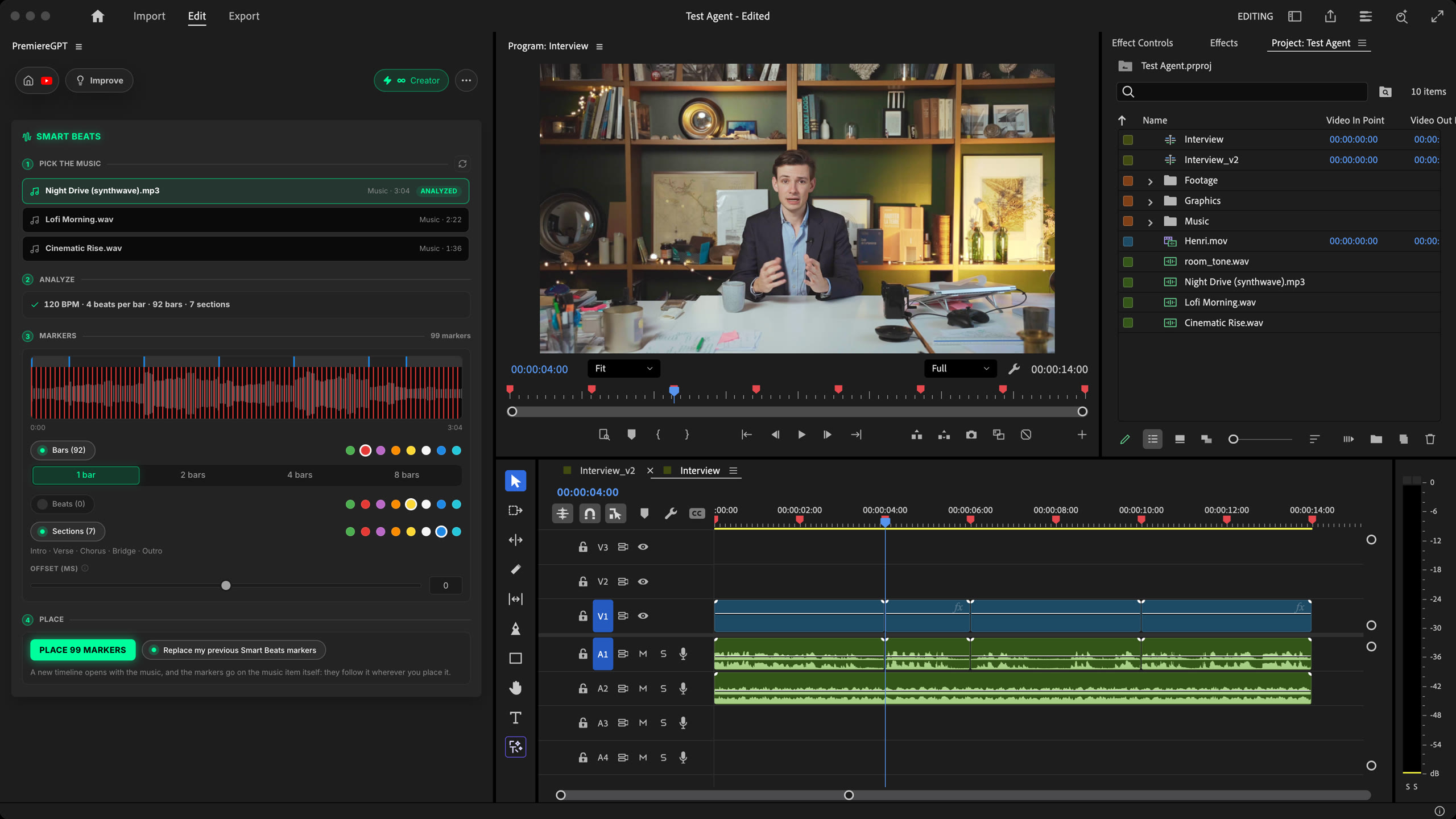 Panel de Smart Beats con un análisis a 120 BPM y marcadores rojos en los compases de un timeline de Premiere Pro donde la entrevista está cortada al compás