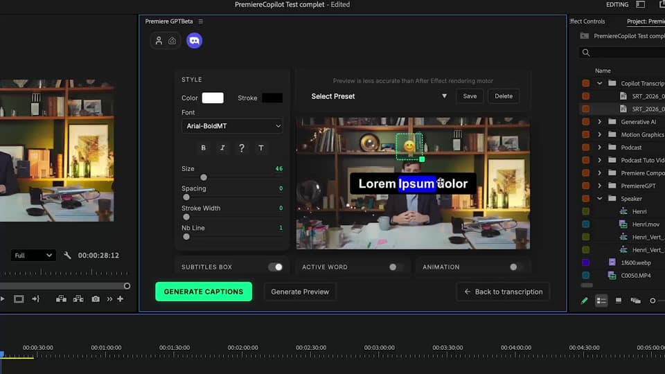 Generando clips de subtítulos PNG nativos en la línea de tiempo de Premiere