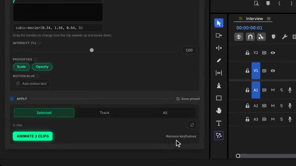 Animate 3 clips dibuja curvas de escala Overshoot en tres títulos, que hacen pop en el monitor