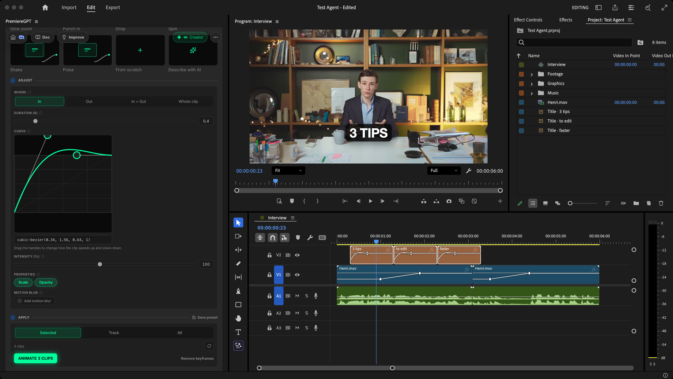 Panel de Smart Ease con el preset Pop elegido y curvas de escala Overshoot en tres títulos de un timeline de Premiere Pro