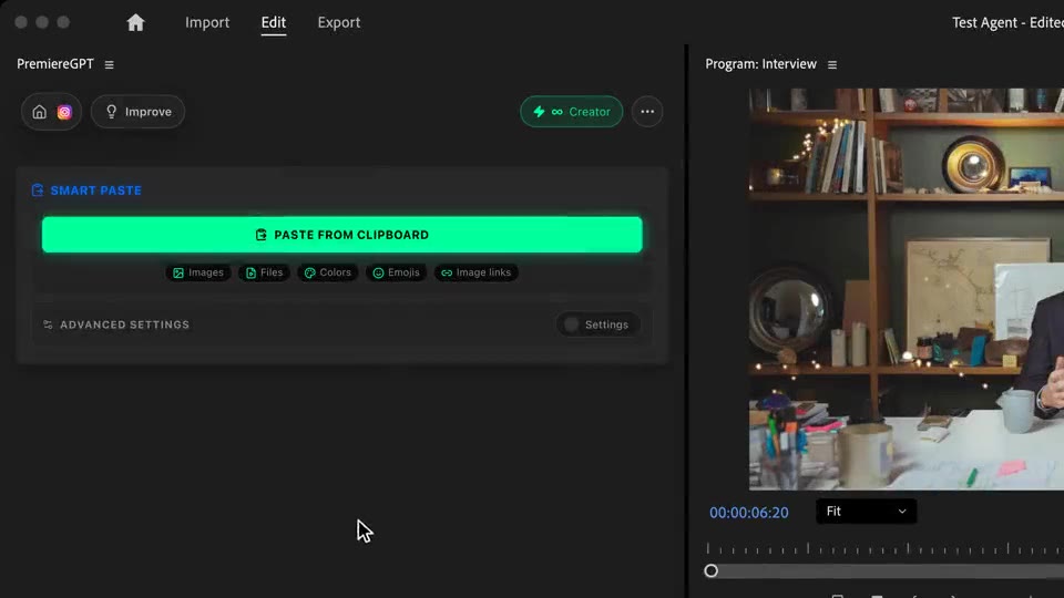 Pegando un archivo de vídeo copiado: el plano abierto se coloca en las pistas V2 y A2 en el cabezal
