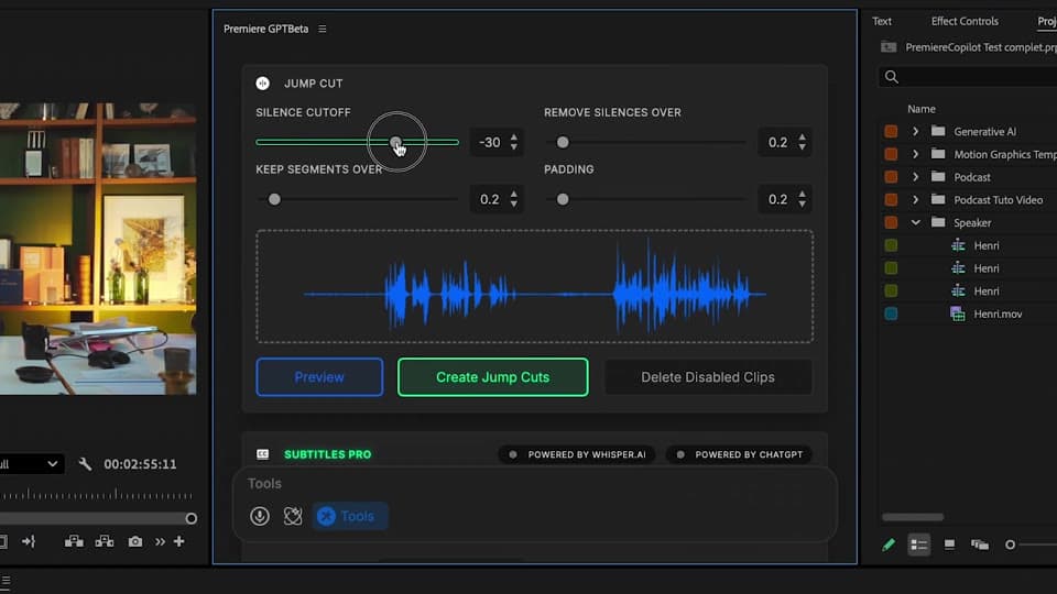 Smart Silence analyzing the timeline and proposing jump cuts on every silence