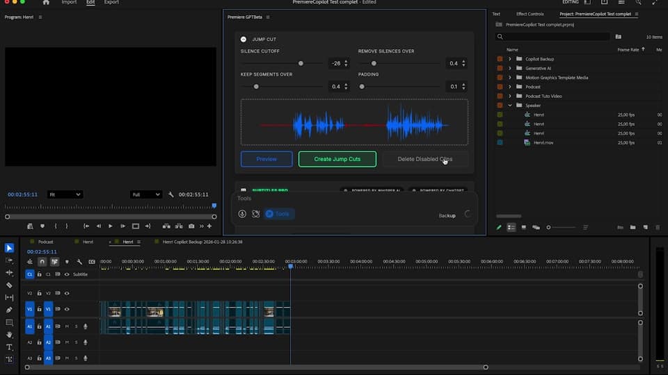 Applying silence-removal cuts to the Premiere timeline