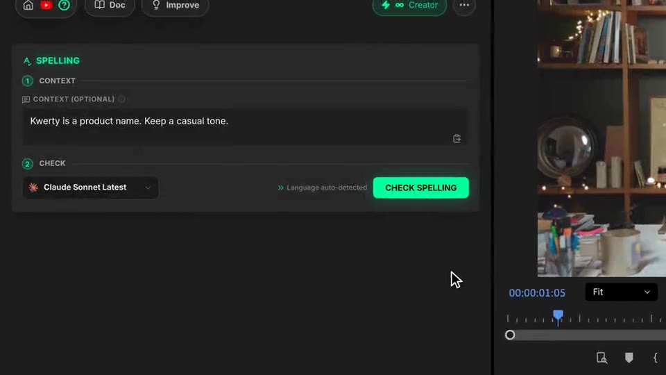 Progreso de la revisión y luego tres correcciones listadas mientras los clips con faltas se vuelven rojos en el timeline