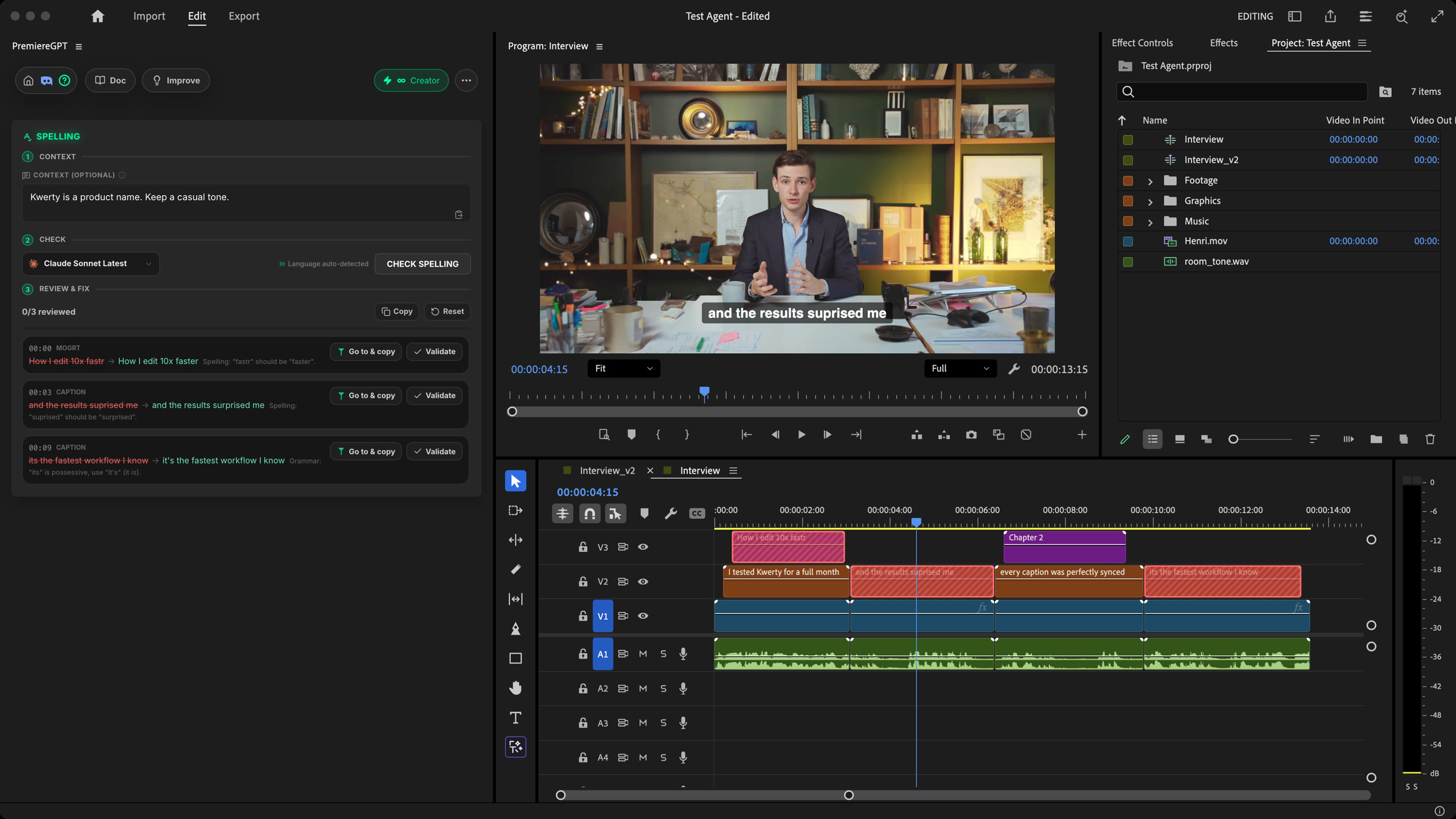 Panel de Spelling con tres correcciones y su timecode, subtítulos y título con faltas marcados en rojo en un timeline de Premiere Pro