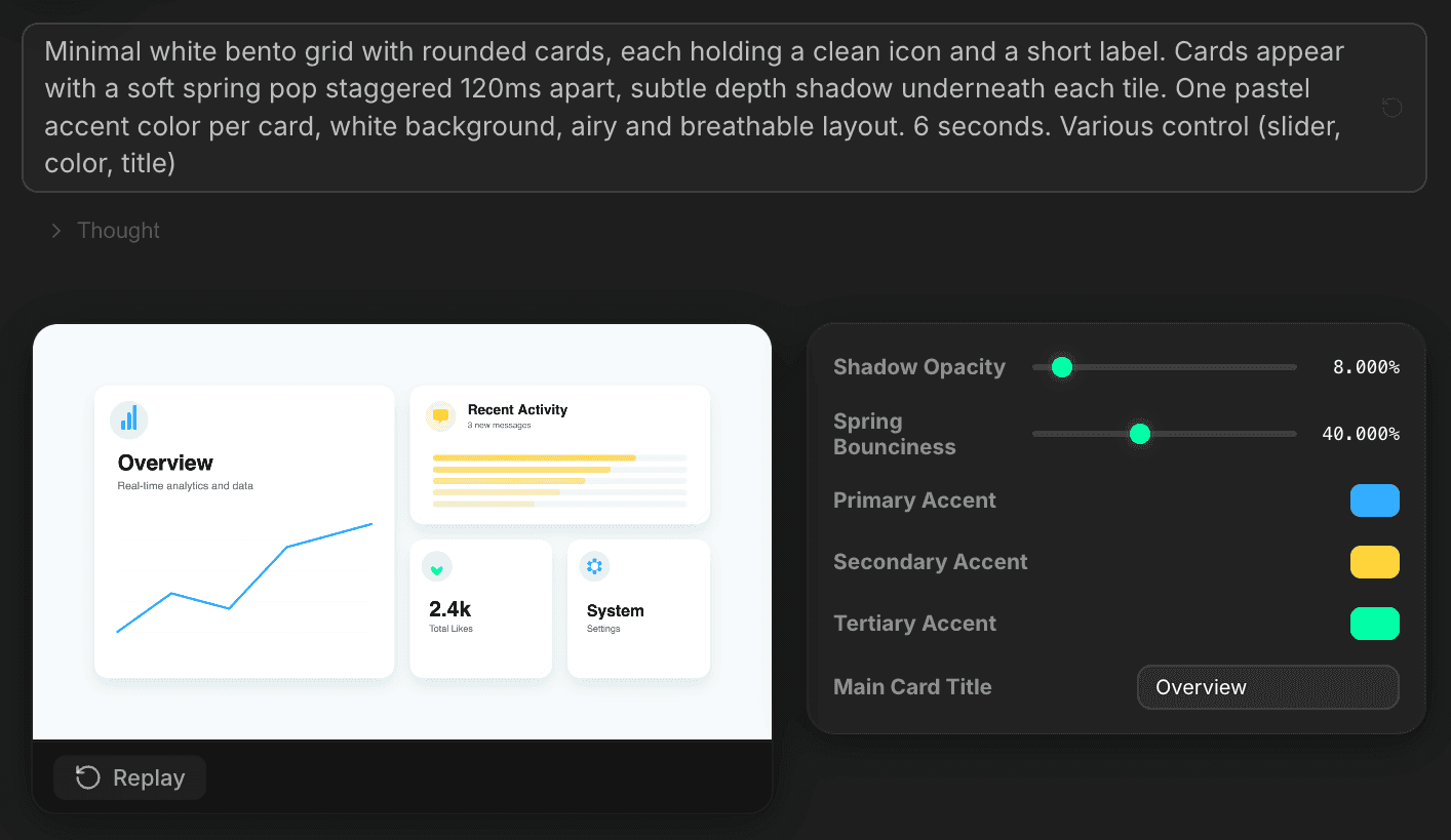 Per-generation custom settings panel for fine-tuning animation in Vibe Motion