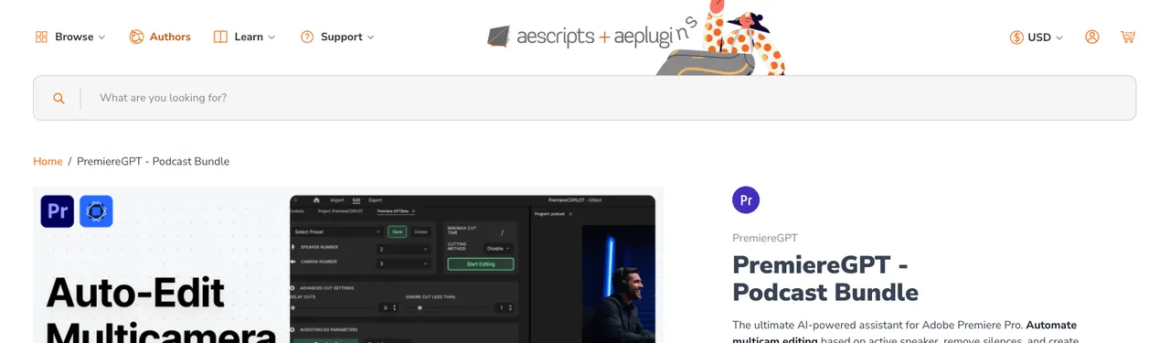 aescripts + aeplugins – PremiereGPT Podcast Bundle product page
